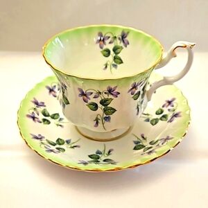 Royal Albert Violets with green edge cup and saucer.